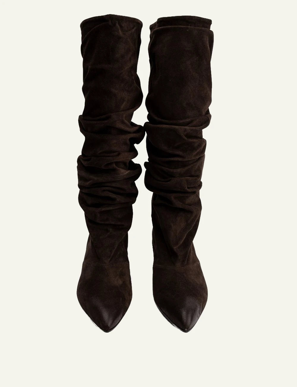 Women's POEVE dark brown suede slouchy knee-high boots with pointed toe  front