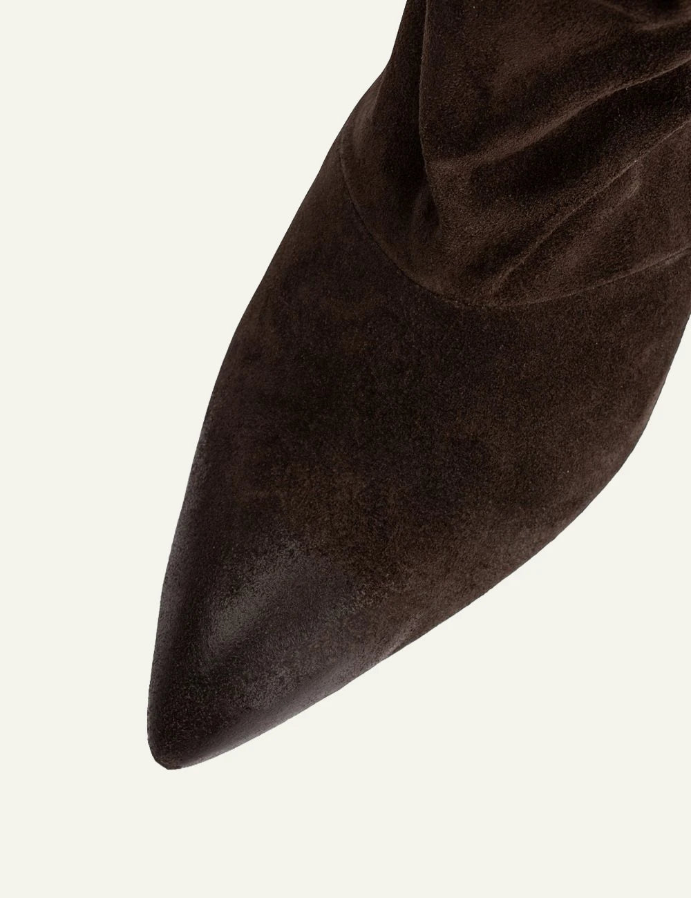 Women's POEVE dark brown suede slouchy knee-high boots with pointed toe angled