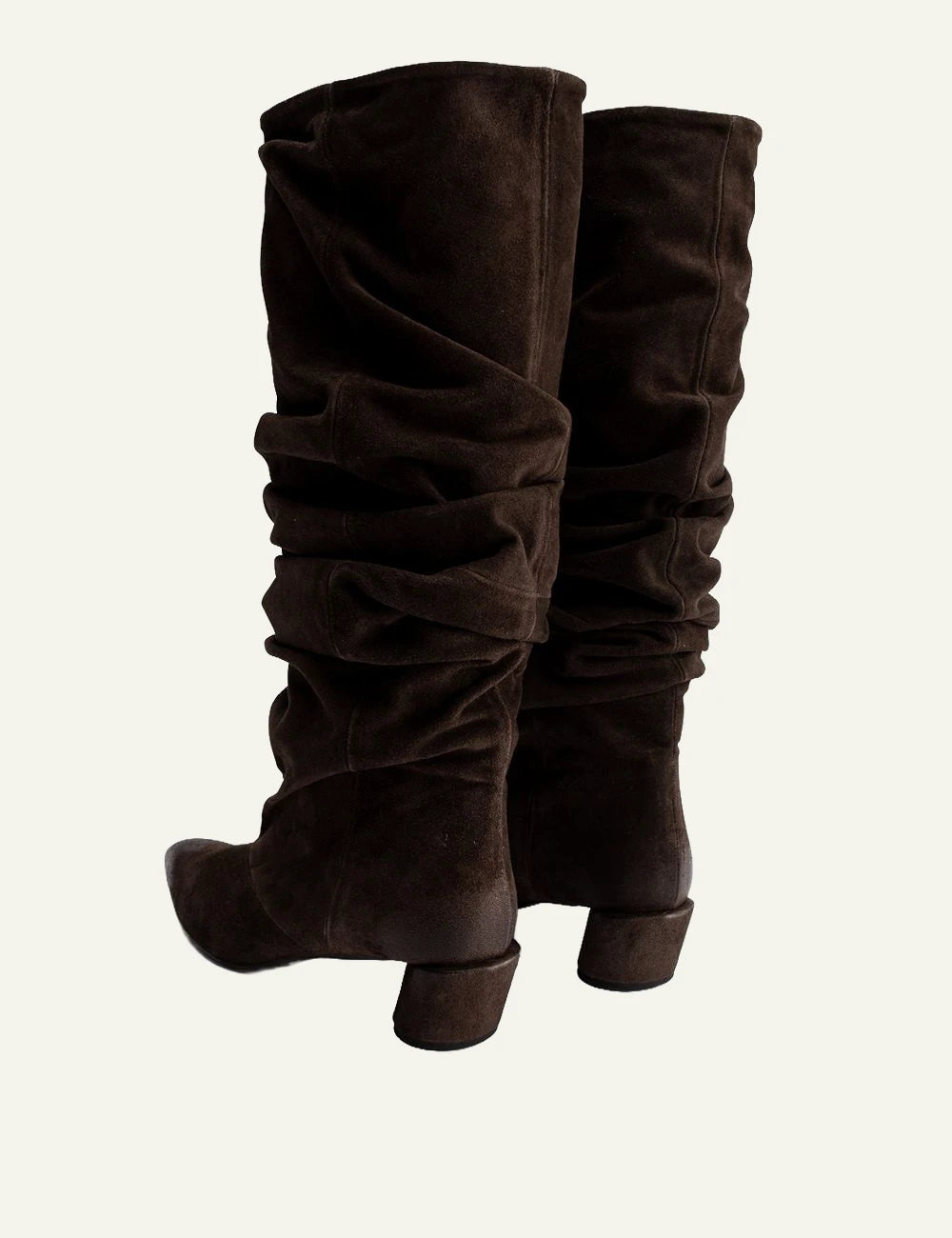 Women's POEVE dark brown suede slouchy knee-high boots with pointed toe back