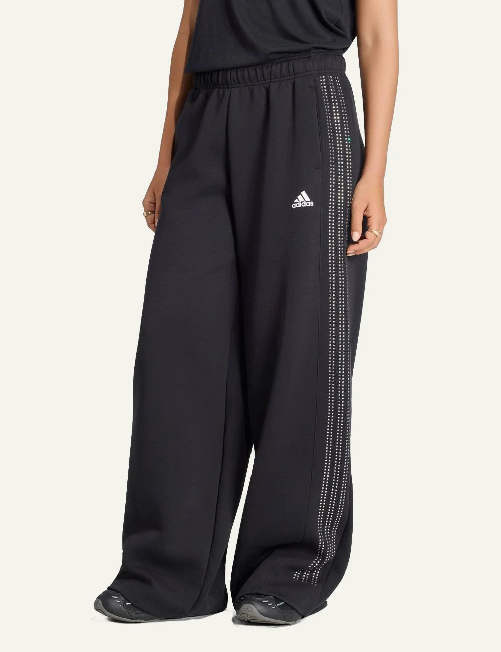 Adidas Teamgeist rhinestone trackpants black wide leg with crystal side detail front model view