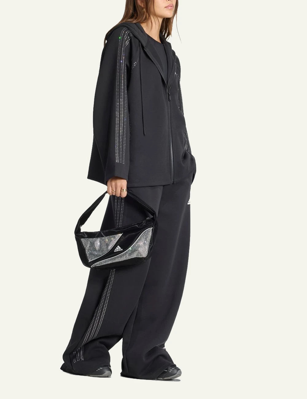 Adidas Teamgeist rhinestone trackpants black wide leg with crystal side detail side view