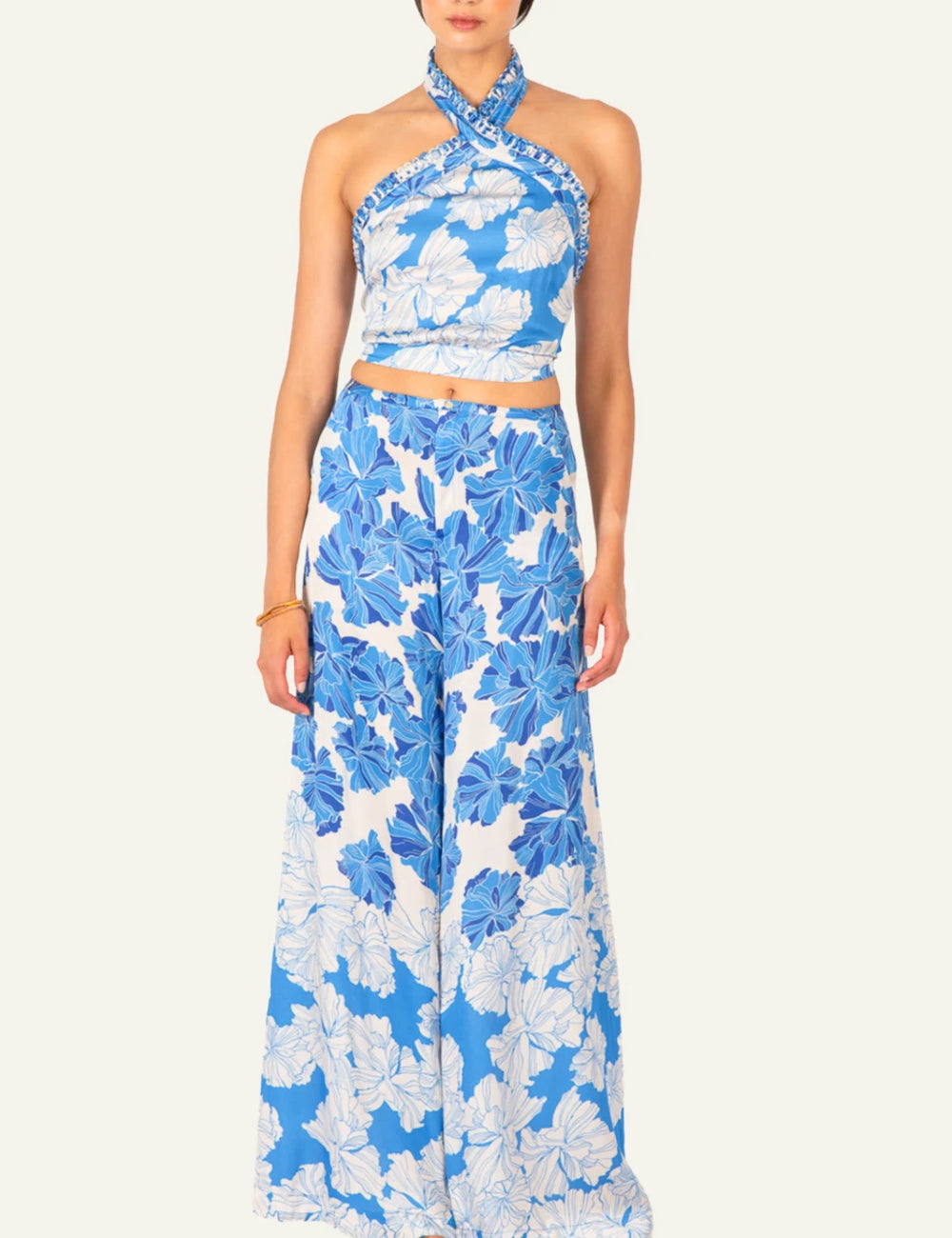 La Poupette wide leg pants viscose satin blue floral print front full body view