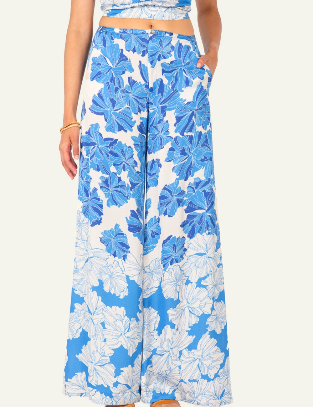 La Poupette wide leg pants viscose satin blue floral print front view