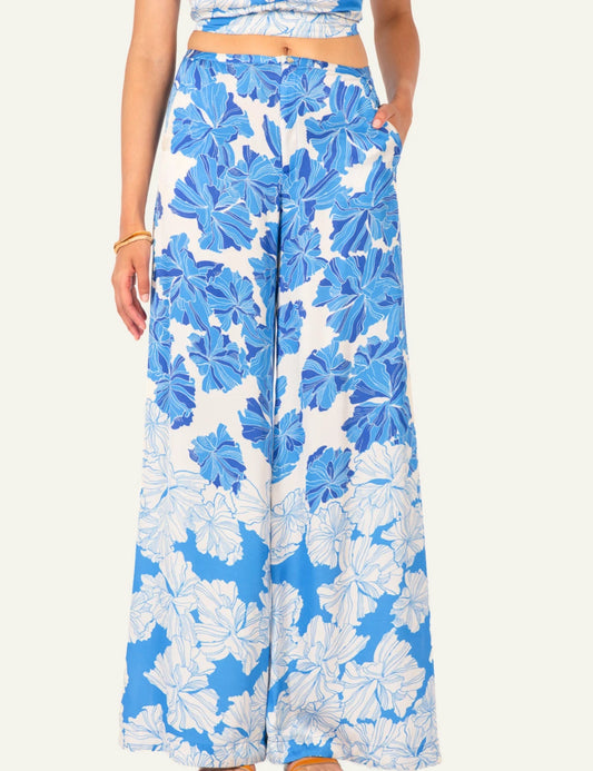 La Poupette wide leg pants viscose satin blue floral print front view