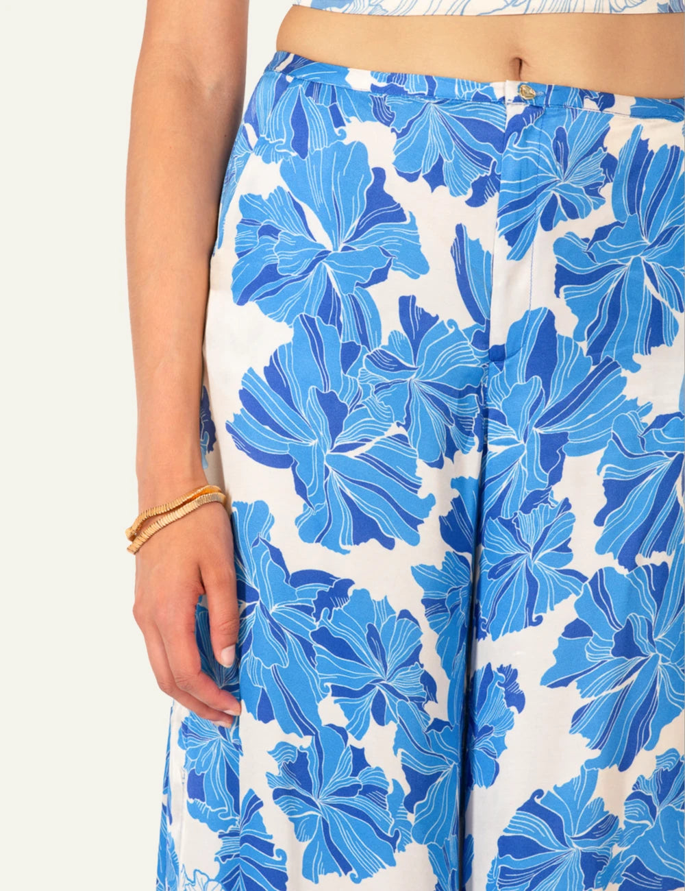 La Poupette wide leg pants viscose satin blue floral print front detail view