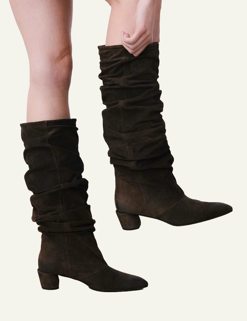 Women's POEVE dark brown suede slouchy knee-high boots with pointed toe model