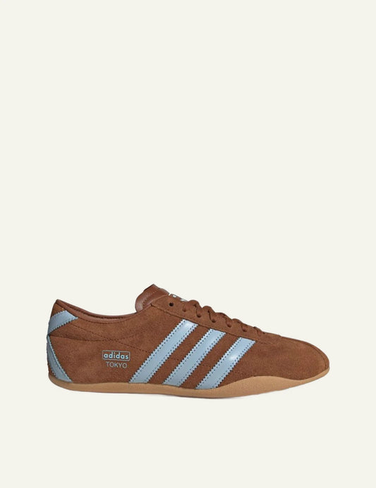 Women's adidas Originals Tokyo brown suede sneakers with light blue 3-Stripes and gum sole