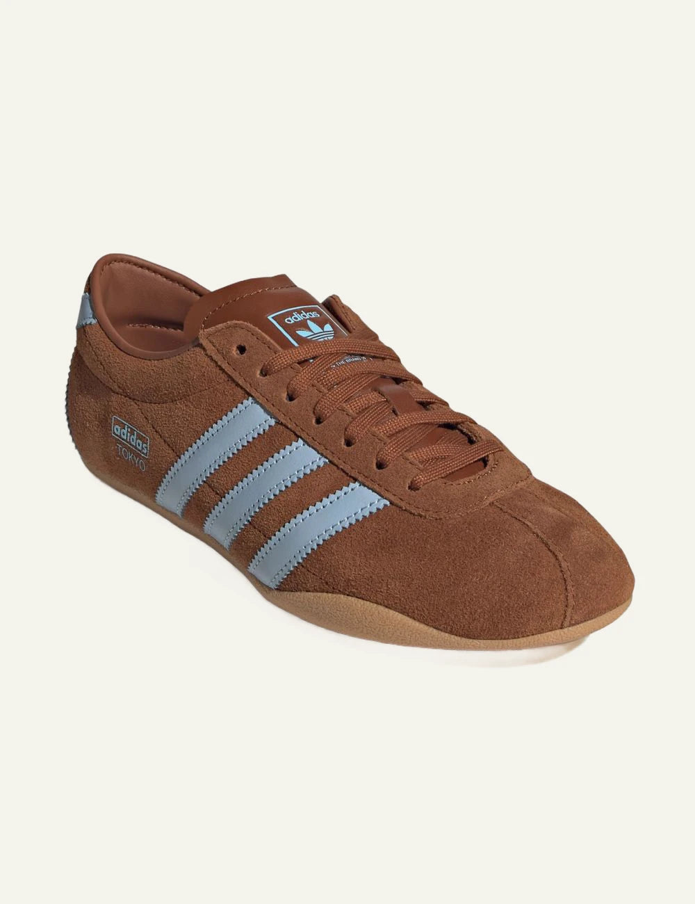 Women's adidas Originals Tokyo brown suede sneakers with light blue 3-Stripes and gum sole front