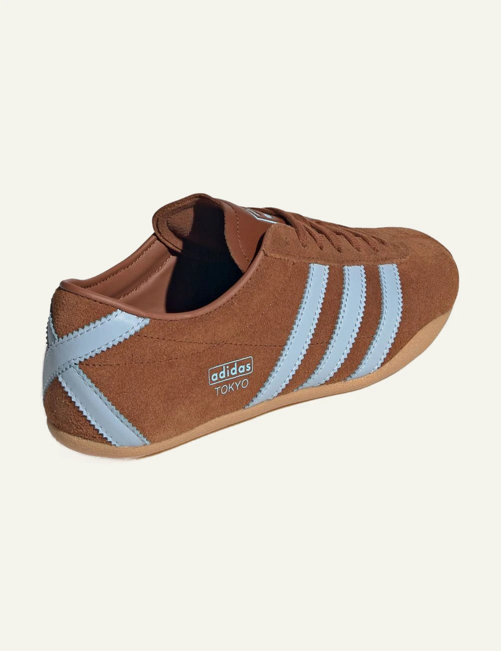 Women's adidas Originals Tokyo brown suede sneakers with light blue 3-Stripes and gum sole back