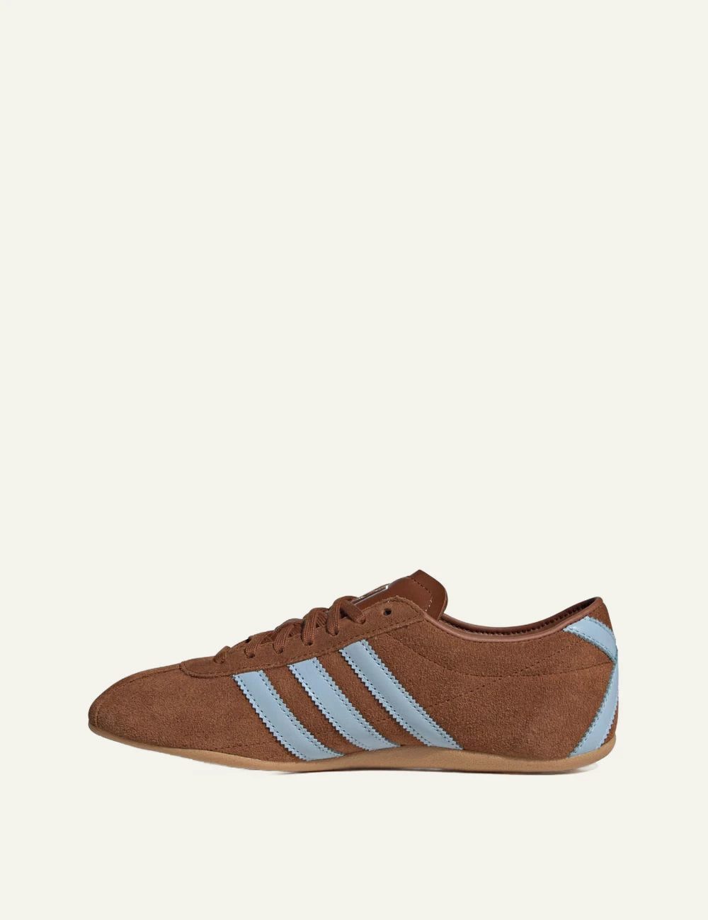 Women's adidas Originals Tokyo brown suede sneakers with light blue 3-Stripes and gum sole profile
