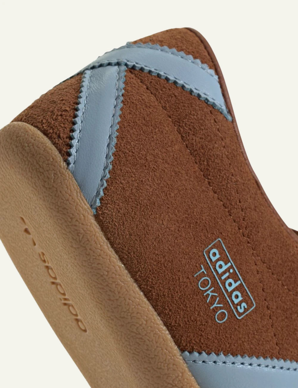 Women's adidas Originals Tokyo brown suede sneakers with light blue 3-Stripes and gum sole back
