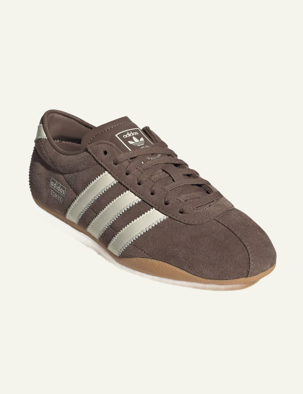 Women's adidas Originals Tokyo brown suede sneakers with off-white 3-Stripes and gum sole front