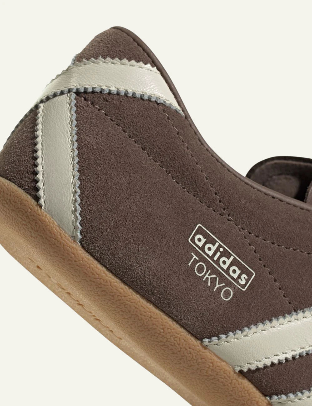 Women's adidas Originals Tokyo brown suede sneakers with off-white 3-Stripes and gum sole back angled