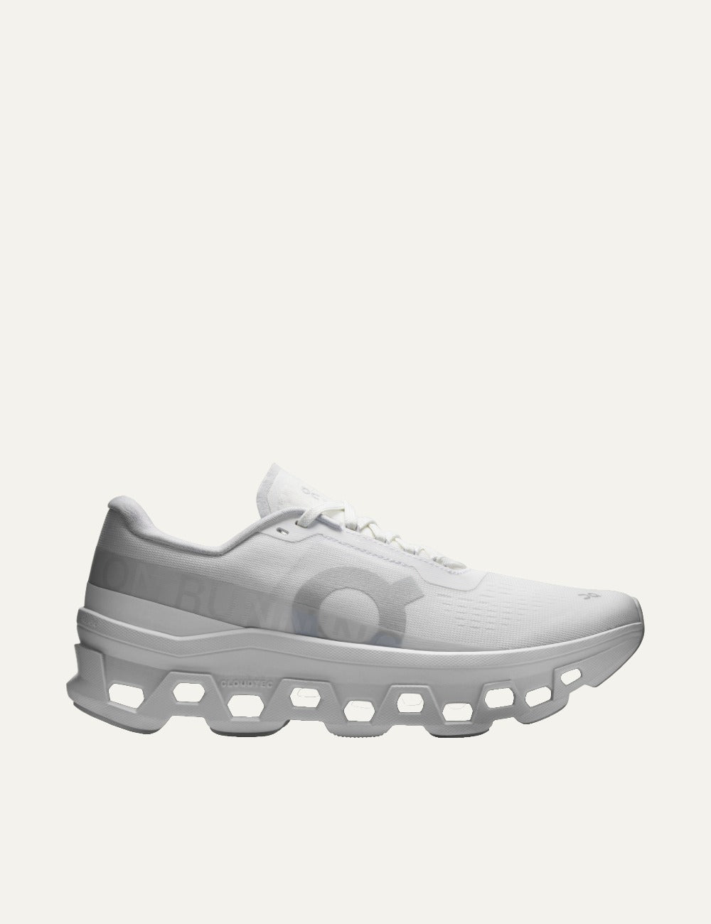 on cloud sneakers running in white side view with logo