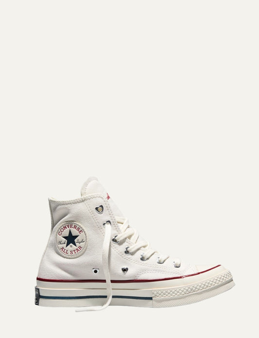 Converse Chuck Taylor All Star hi canvas white sneaker with red love embroidery left side view
