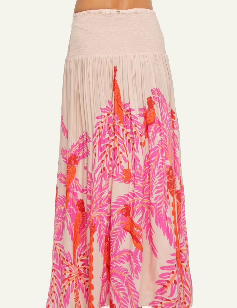 Poupette St Barth Carla maxi skirt high waist smocked pink tropical print back view