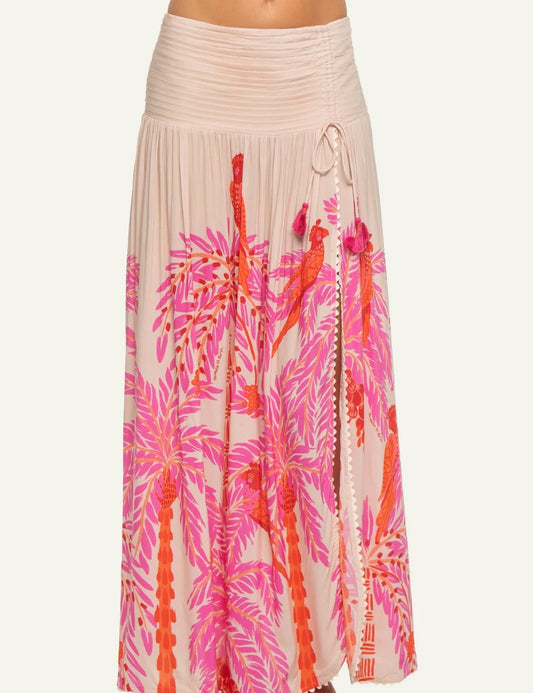 Poupette St Barth Carla maxi skirt high waist smocked pink tropical print front view