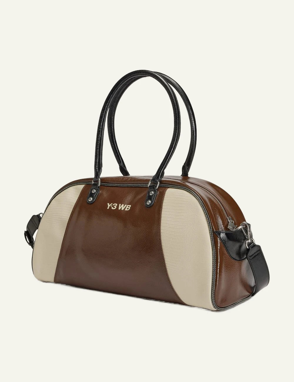 Adidas Y-3 x Wales Bonner leather bowling bag in brown and cream side