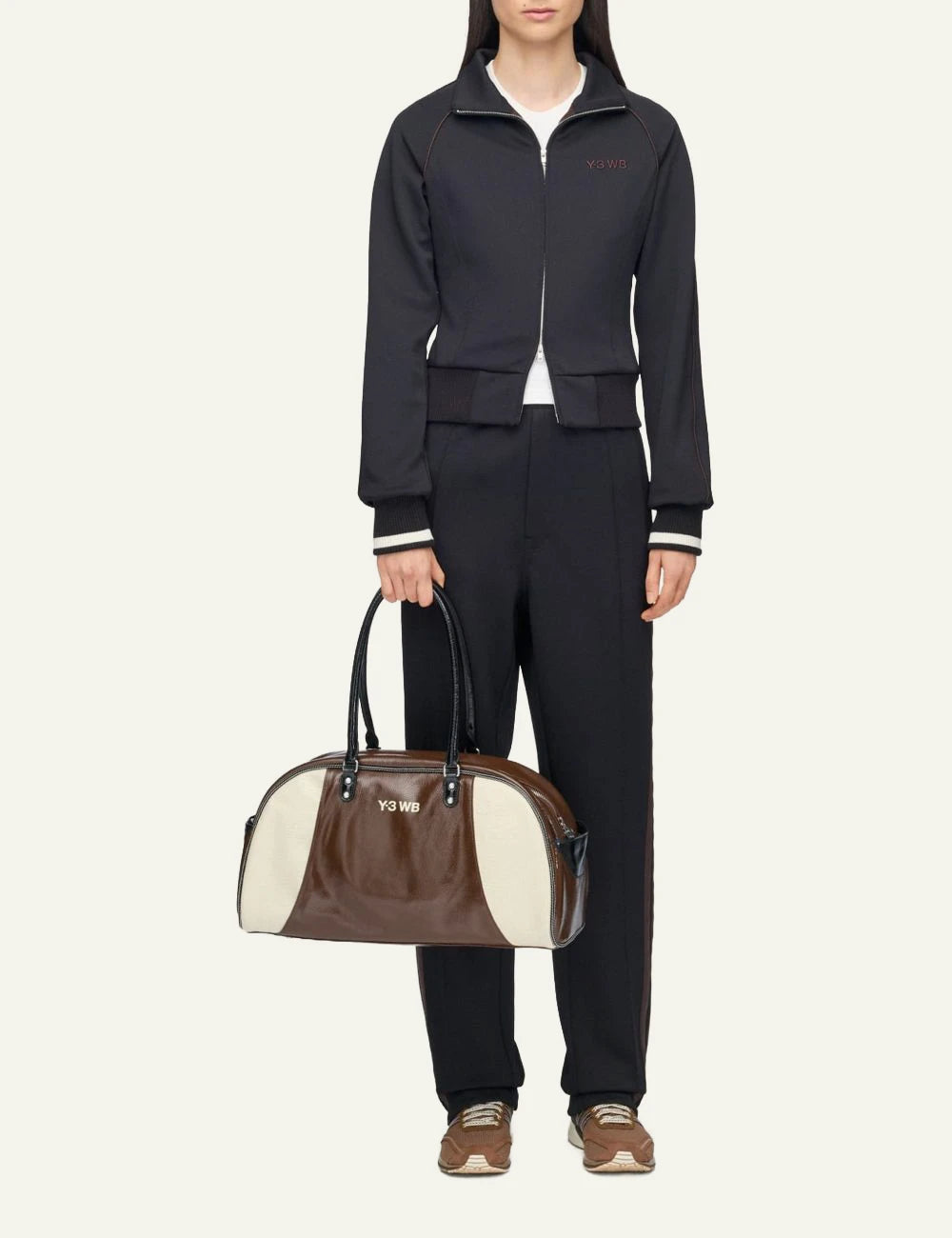 Adidas Y-3 x Wales Bonner leather bowling bag in brown and cream model