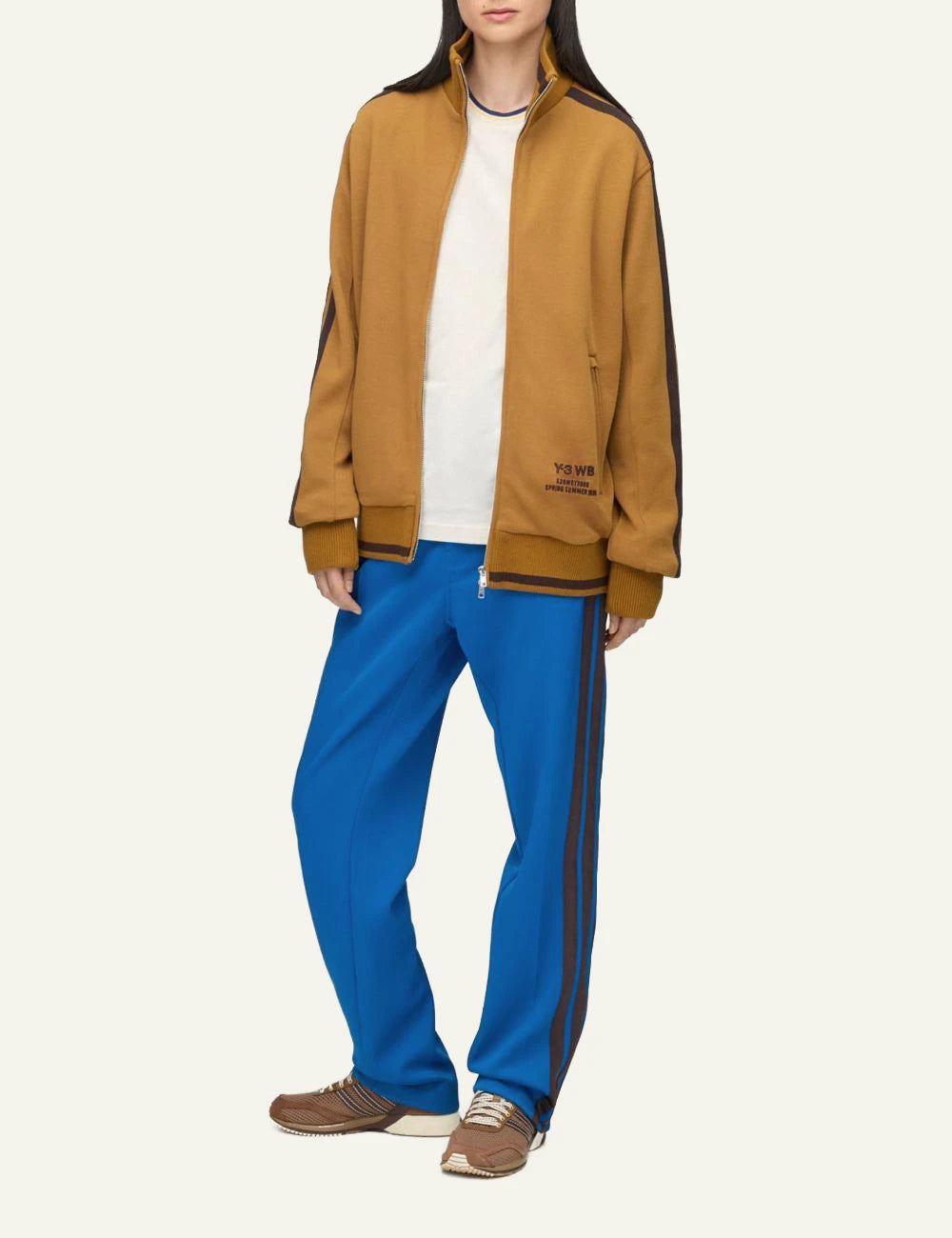 Adidas Y-3 x Wales Bonner lush blue track pants with stripes model
