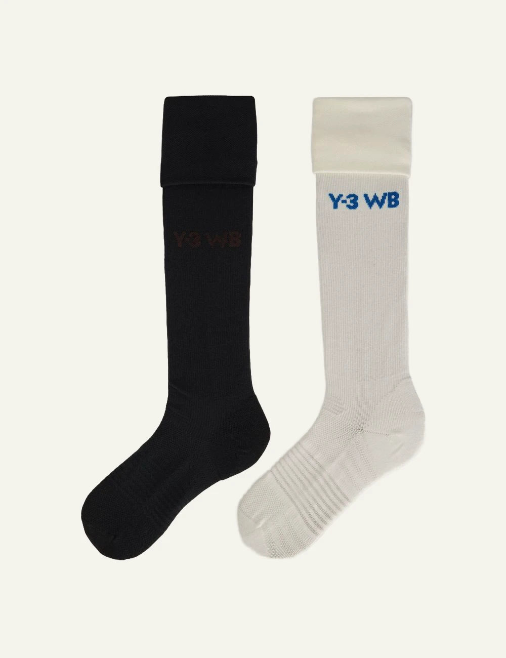 Y-3 WB football socks off white and black pair front view
