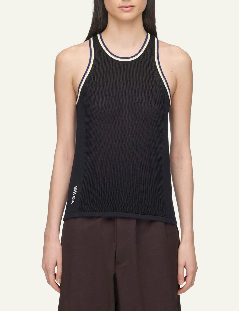 Adidas Y-3 x Wales Bonner black knit mesh tank top detail