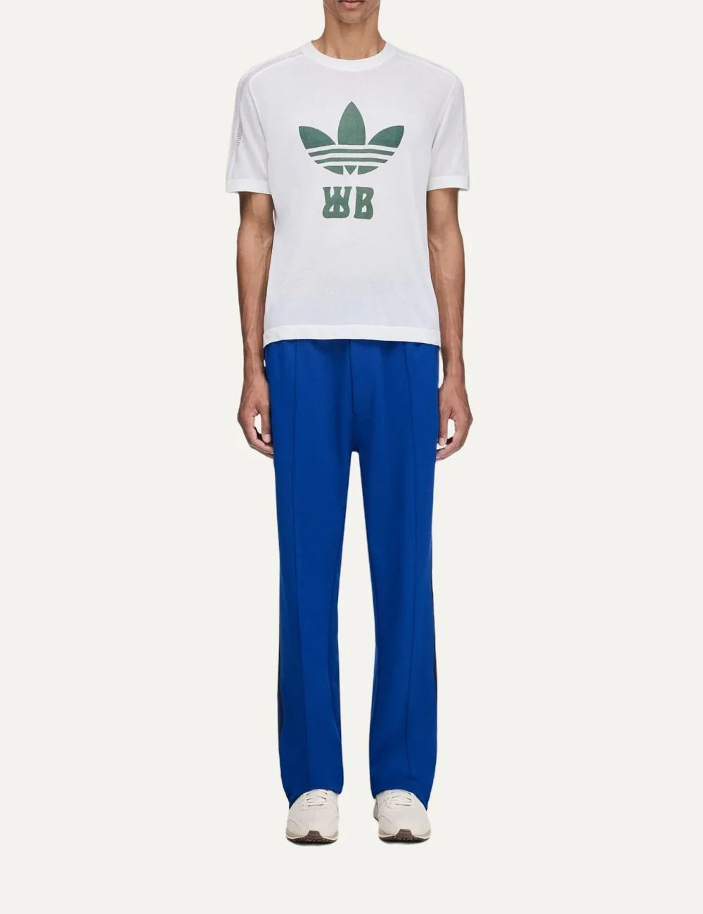Men's Adidas Originals x Wales Bonner royal blue drop crotch track pants with dark side stripes, straight legs and embroidered Trefoil logo, full look