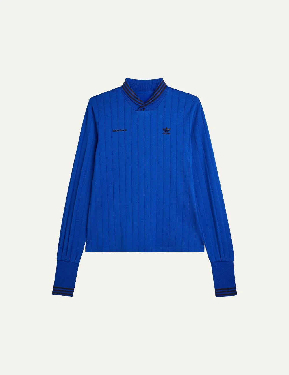 Men's Adidas Originals x Wales Bonner royal blue long sleeve football top with subtle pinstripes, striped crossover collar and embroidered logos, product shot