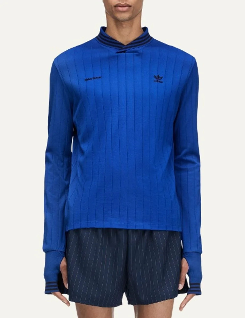 Men's Adidas Originals x Wales Bonner royal blue long sleeve football top with subtle pinstripes, striped crossover collar and embroidered logos, front view