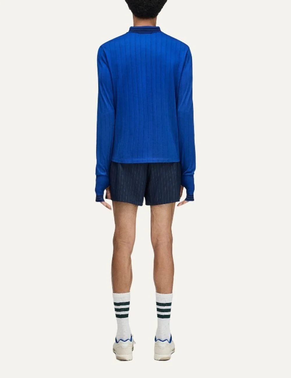 Men's Adidas Originals x Wales Bonner royal blue long sleeve football top with subtle pinstripes, striped crossover collar and embroidered logos, back view