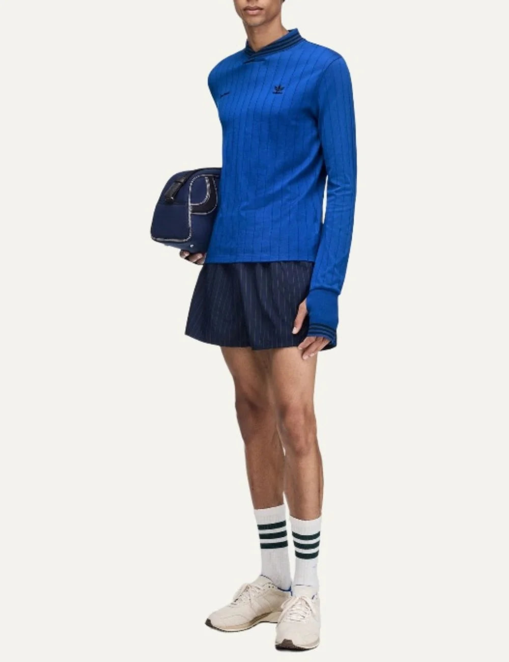Men's Adidas Originals x Wales Bonner royal blue long sleeve football top with subtle pinstripes, striped crossover collar and embroidered logos, full look