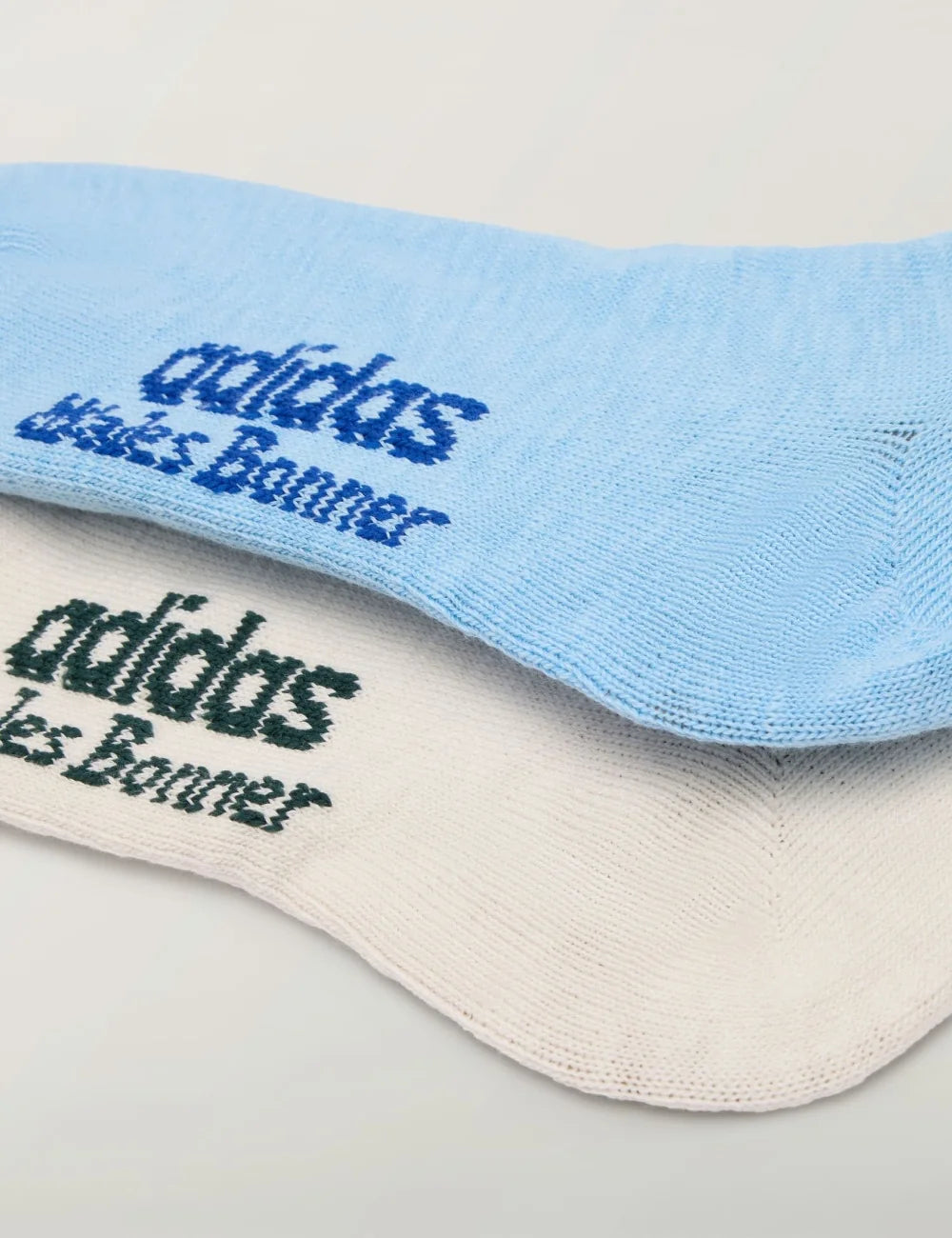 Men's Adidas Originals x Wales Bonner two-pack crew socks in light blue and chalk white with contrast three stripes and embroidered logos,  logo view