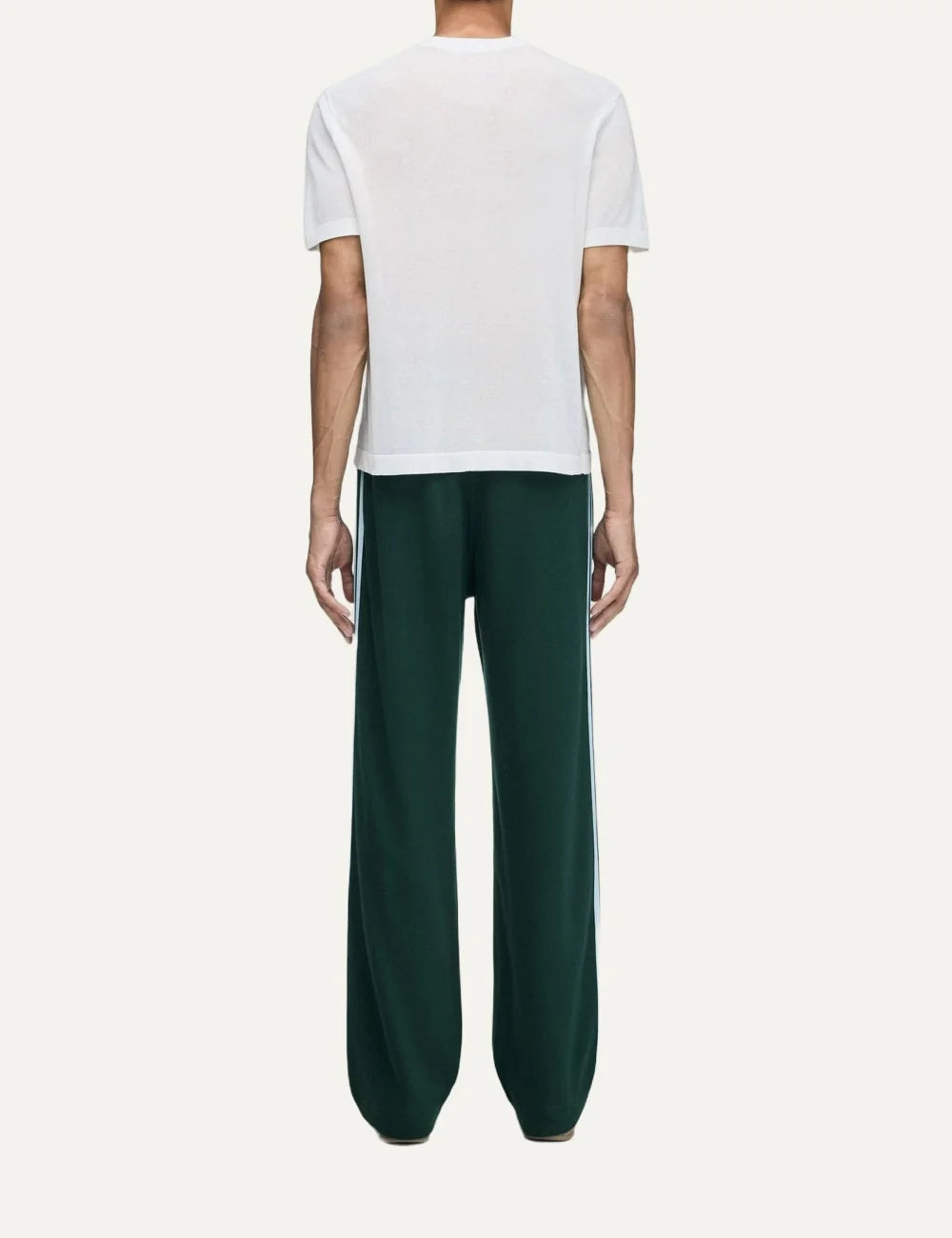 Men's Adidas Originals x Wales Bonner green night track pants with light blue side stripes, elastic waistband and embroidered Trefoil logo,  back view
