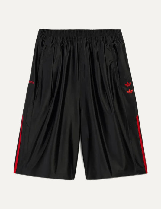 Men's adidas x Willy Chavarria black dazzle shorts with red stripes and embroidered logos