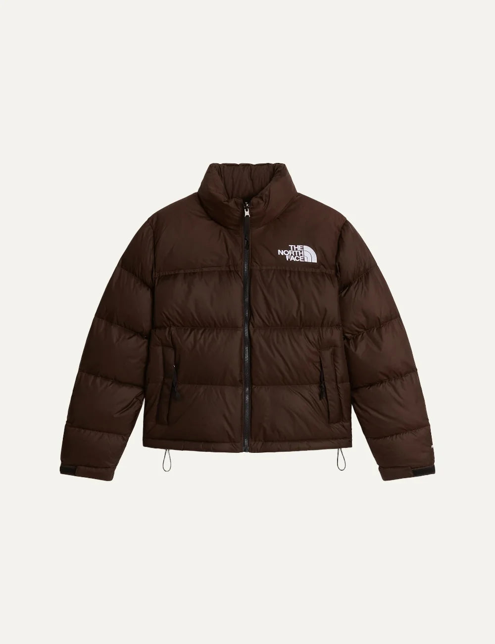 The North Face women's 1996 Retro Nuptse puffer jacket in dark chestnut brown with quilted down panels, high collar, front zip and white chest logo.