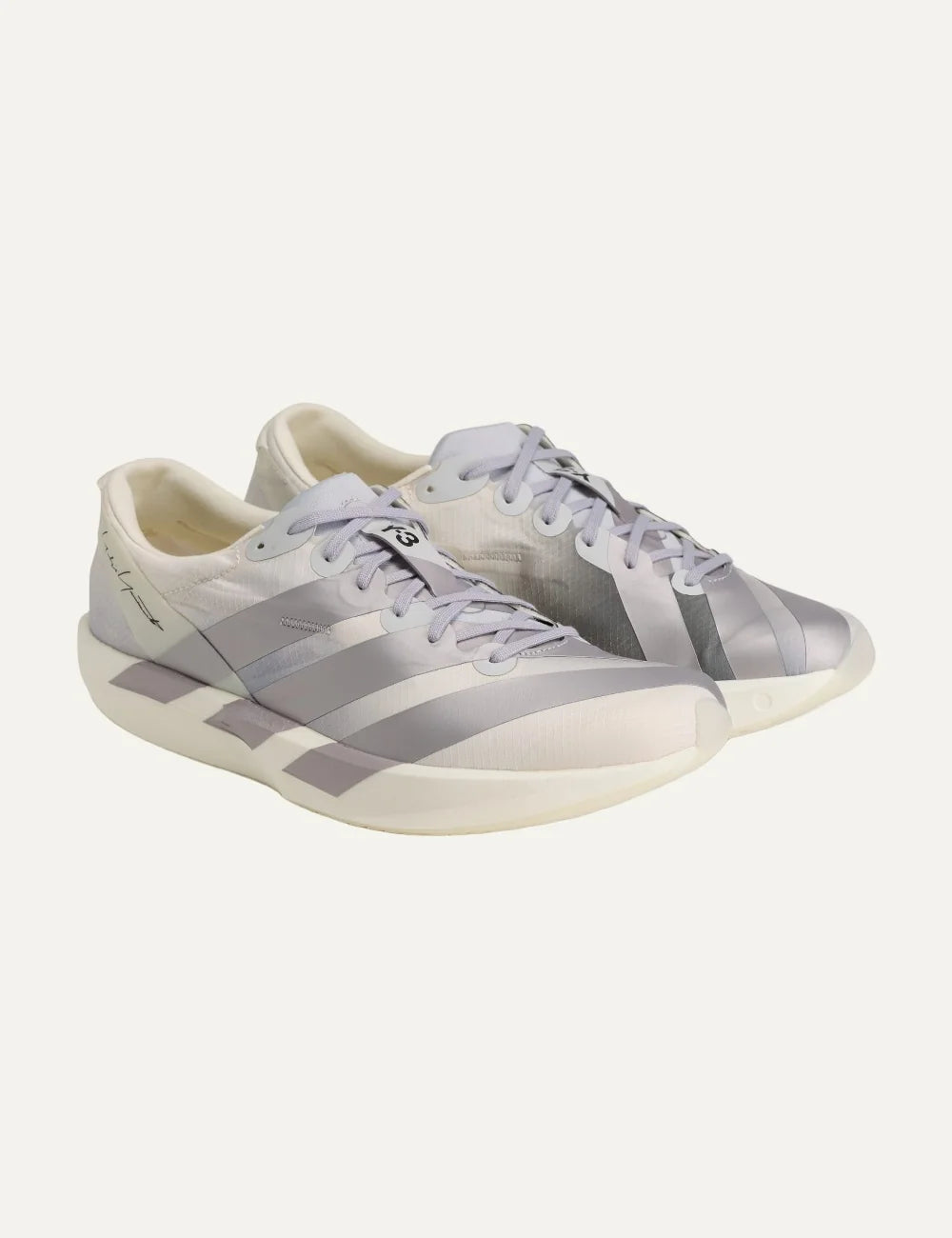 Y-3 men's white textile sneakers with grey details and Yohji Yamamoto signature angled