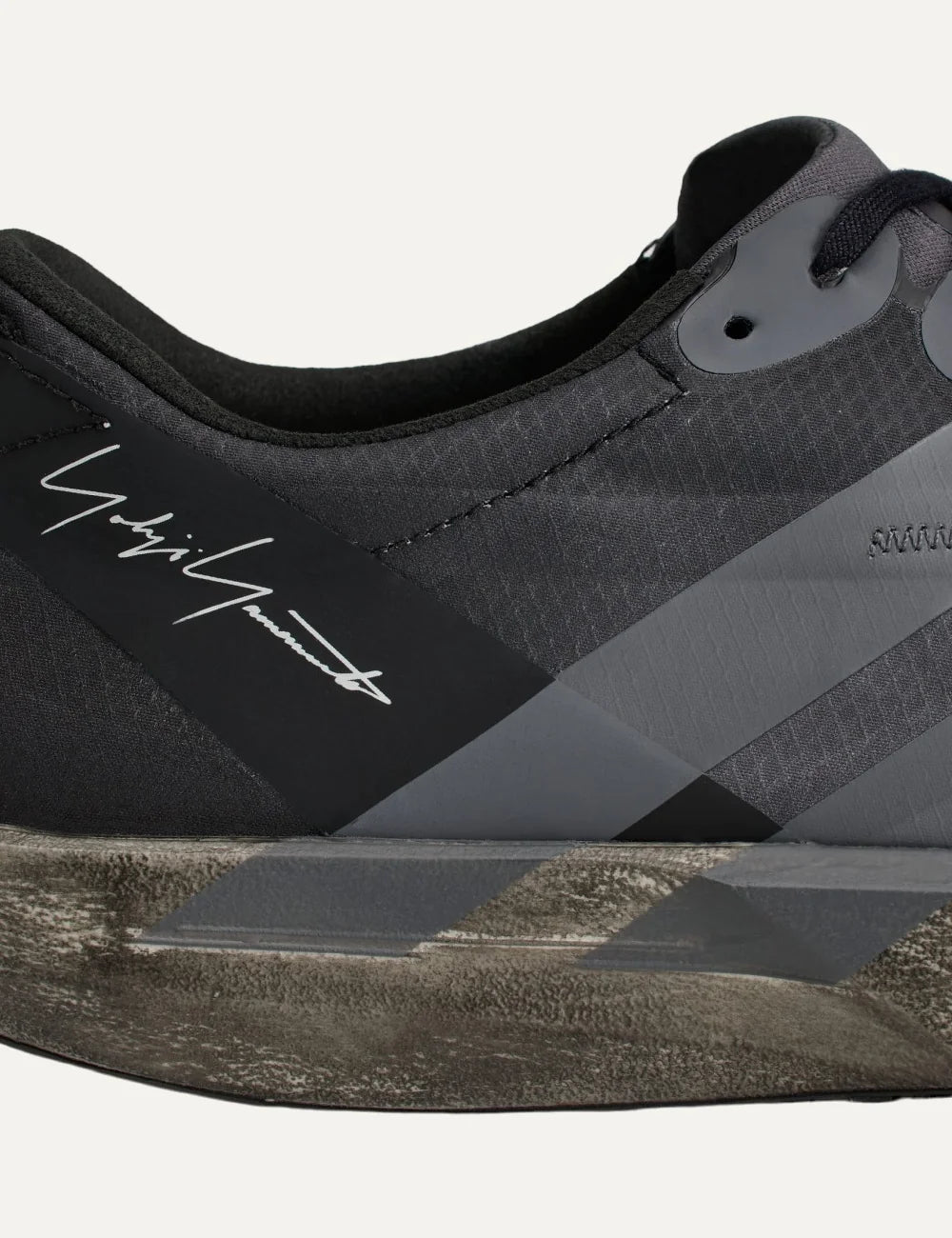 Y-3 men's black and grey textile sneakers with off-white details detail
