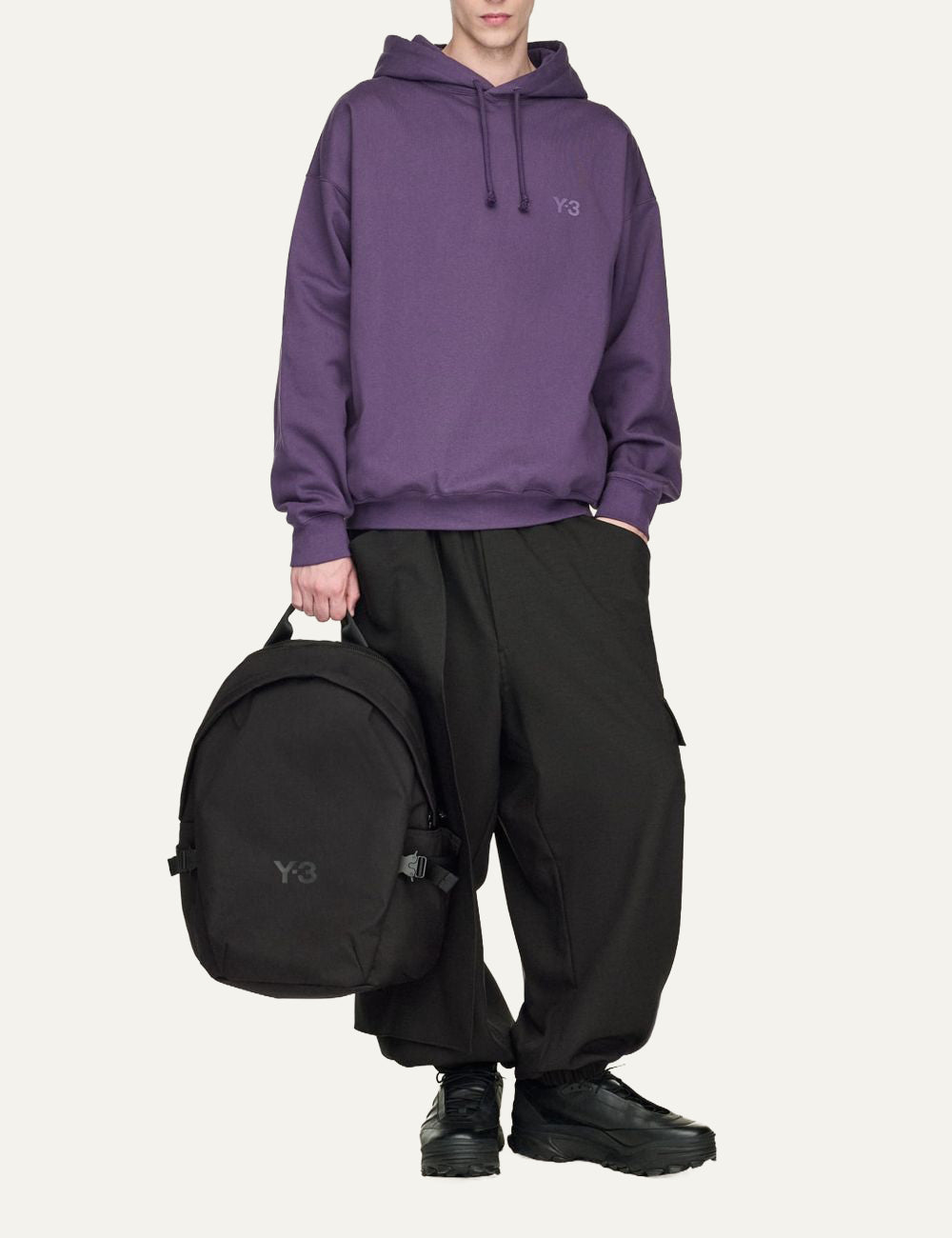 Y-3 black backpack model full body styling