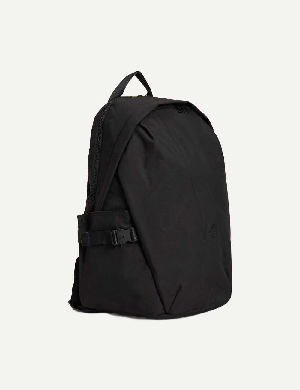 Y-3 backpack black side profile with buckle detail