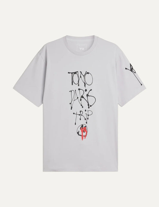 Y-3 men's light grey cotton T-shirt with graphic print