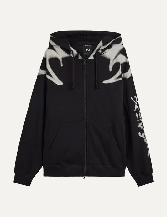 Y-3 men's black cotton zip hoodie with white graphic print