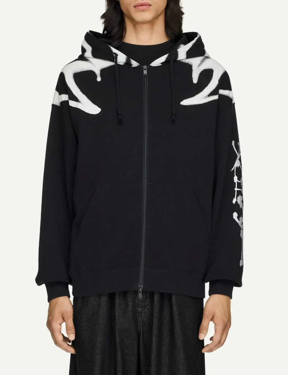 Y-3 men's black cotton zip hoodie with white graphic print model