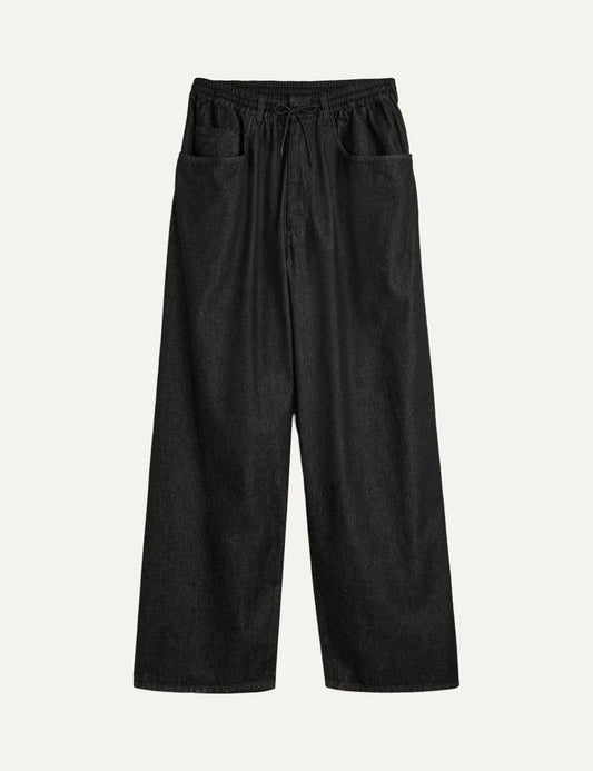 Y-3 men's black cotton wide-leg pants with drawstring waist