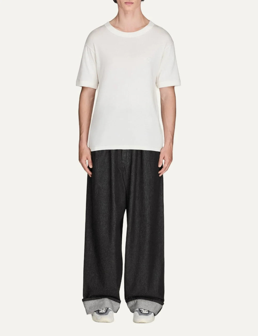Y-3 men's black cotton wide-leg pants with drawstring waist full body