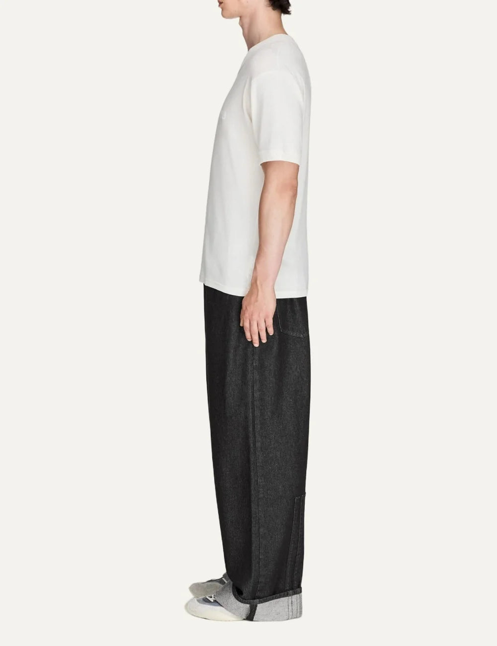 Y-3 men's black cotton wide-leg pants with drawstring waist side