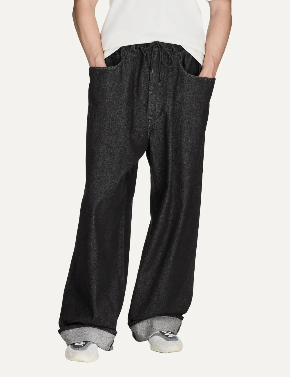 Y-3 men's black cotton wide-leg pants with drawstring waist model