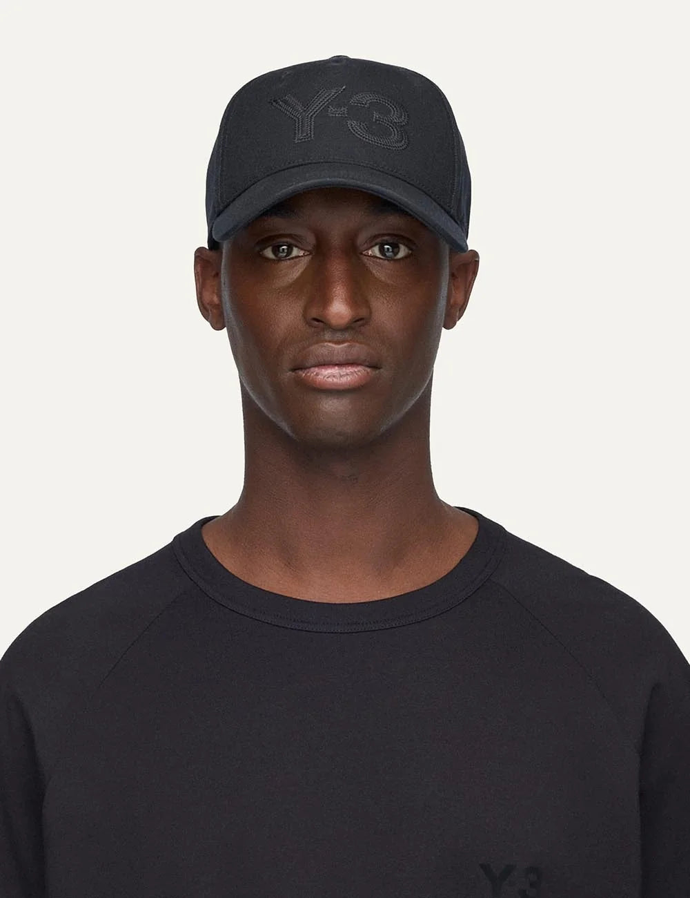 Y-3 men's black cotton canvas cap with leather logo front