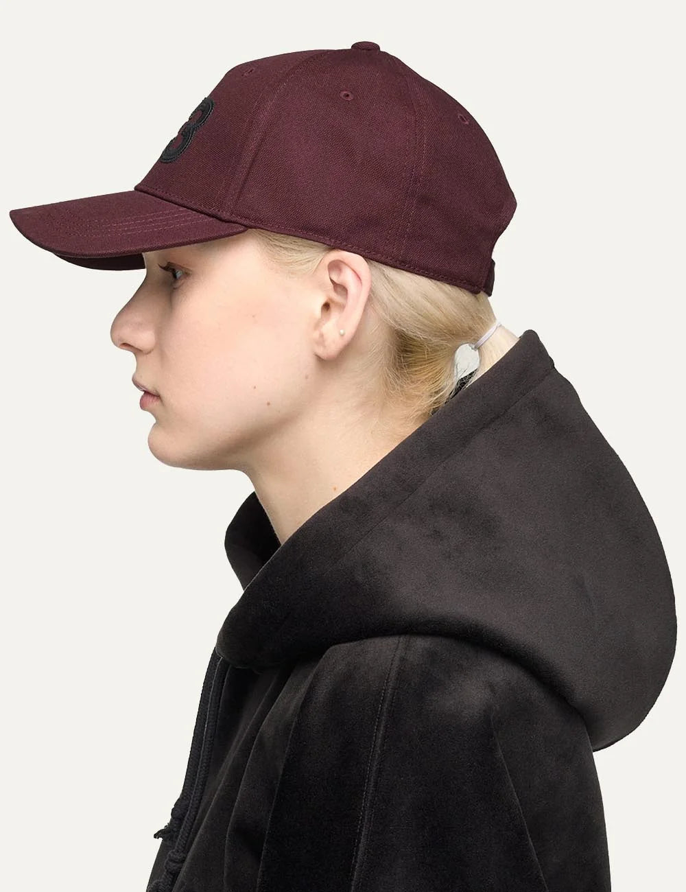 Y-3 burgundy cotton canvas cap with black leather logo side