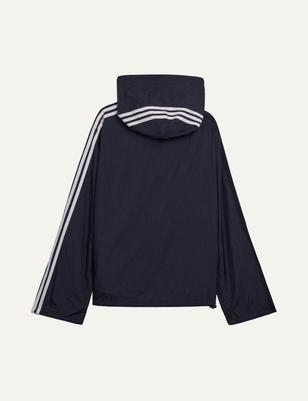 Y-3 black jacket back view with hood stripes