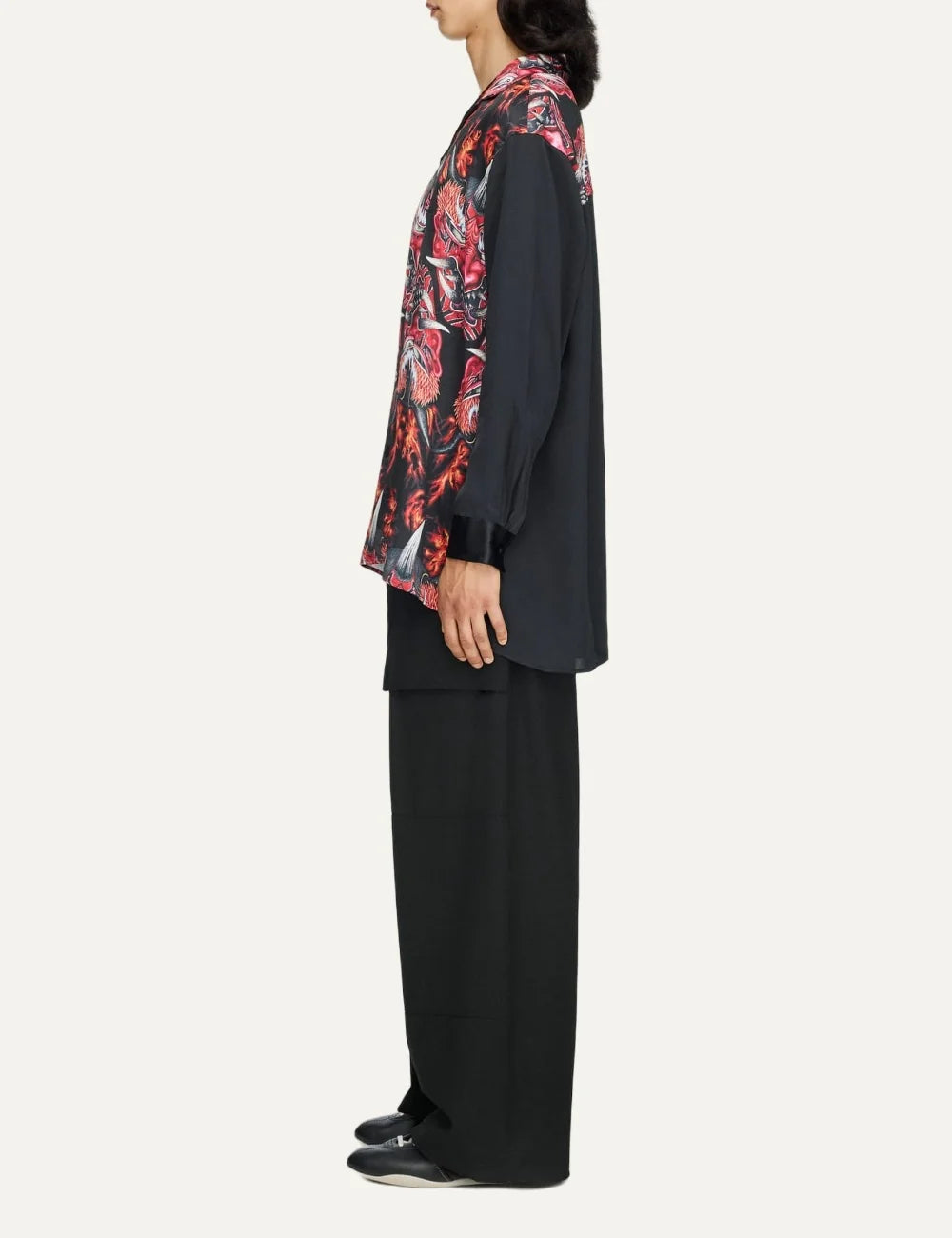 Y-3 men's multicolor satin long sleeve shirt with all-over graphic prin side